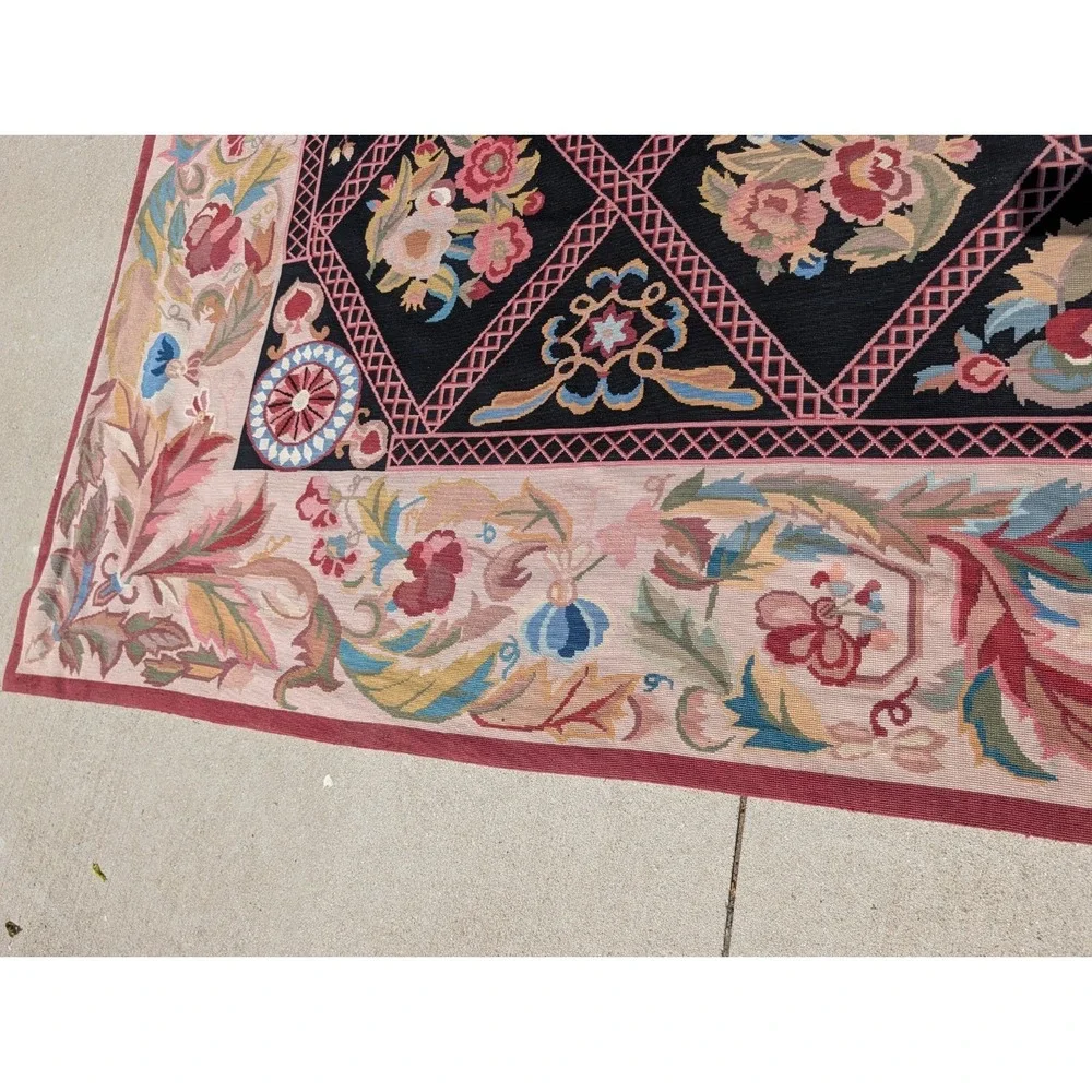 Antique  Aubusson Style Needlepoint Floral  Rug Carpet 13.6 X 9.9 Feet. Estate